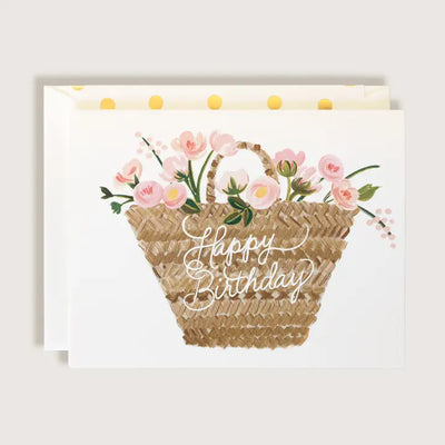Happy Birthday Tote Basket with Flowers Greeting Card