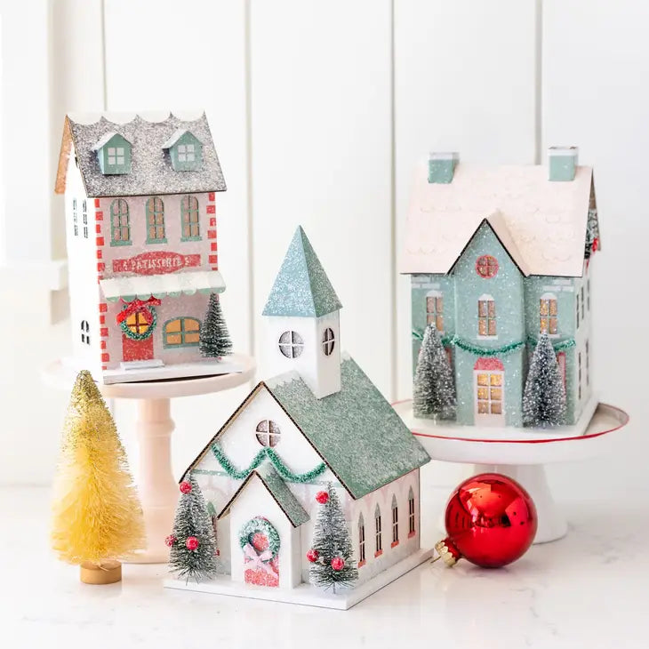 VILLAGE CHRISTMAS PAPER CHURCH DECORATIONS