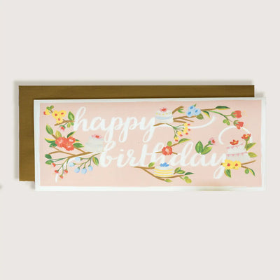 Happy Birthday with Flowers & Cake Blush Greeting Card