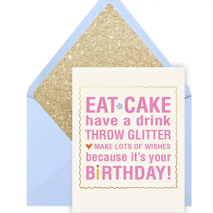 EAT CAKE THROW GLITTER GREETING CARD