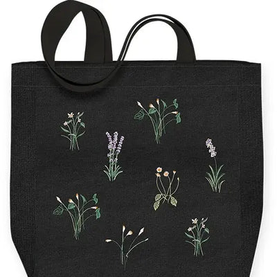 Delicate Floral Black Embroidered Canvas Bag