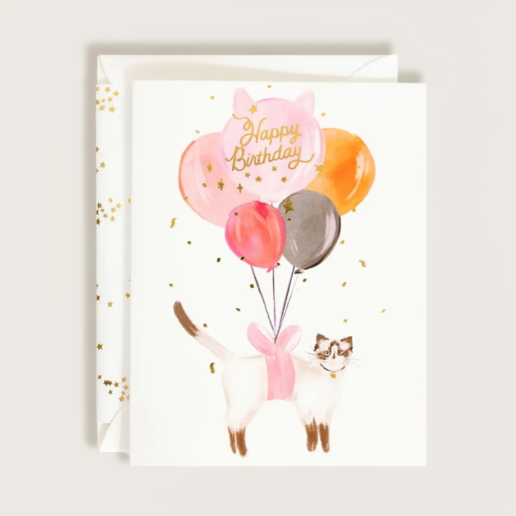Happy Birthday Balloon Cat with Gold Confetti Greeting Card
