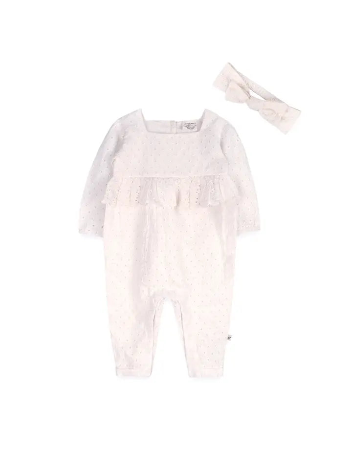 Astrid Schiffli Baby Jumpsuit & Headband Set - Organic Cotton