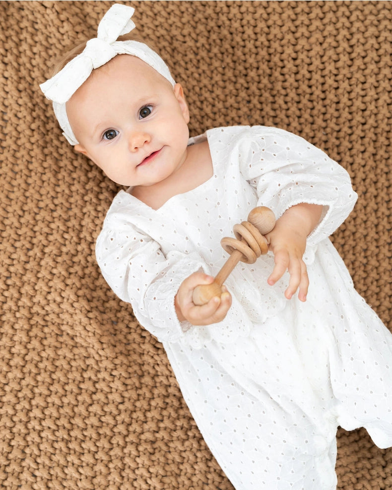 Astrid Schiffli Baby Jumpsuit & Headband Set - Organic Cotton