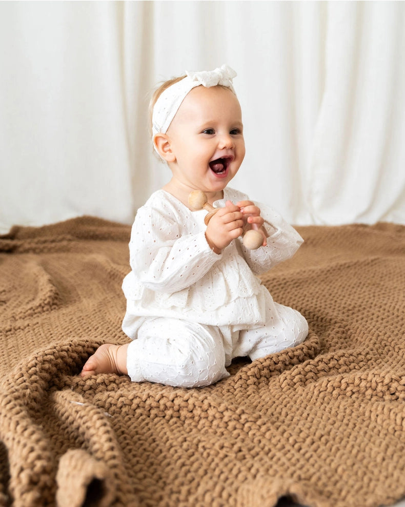 Astrid Schiffli Baby Jumpsuit & Headband Set - Organic Cotton
