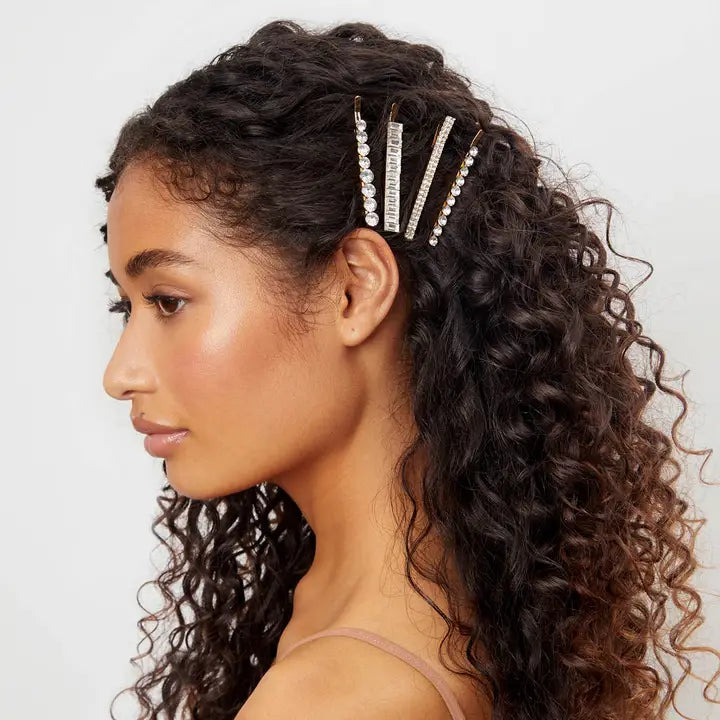 METAL RHINESTONE ASSORTED BOBBY PINS 4PC SET - GOLD