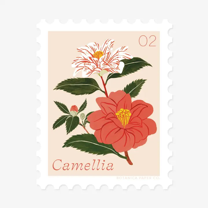Camellia, February Flower | Stamp-Style Vinyl Sticker