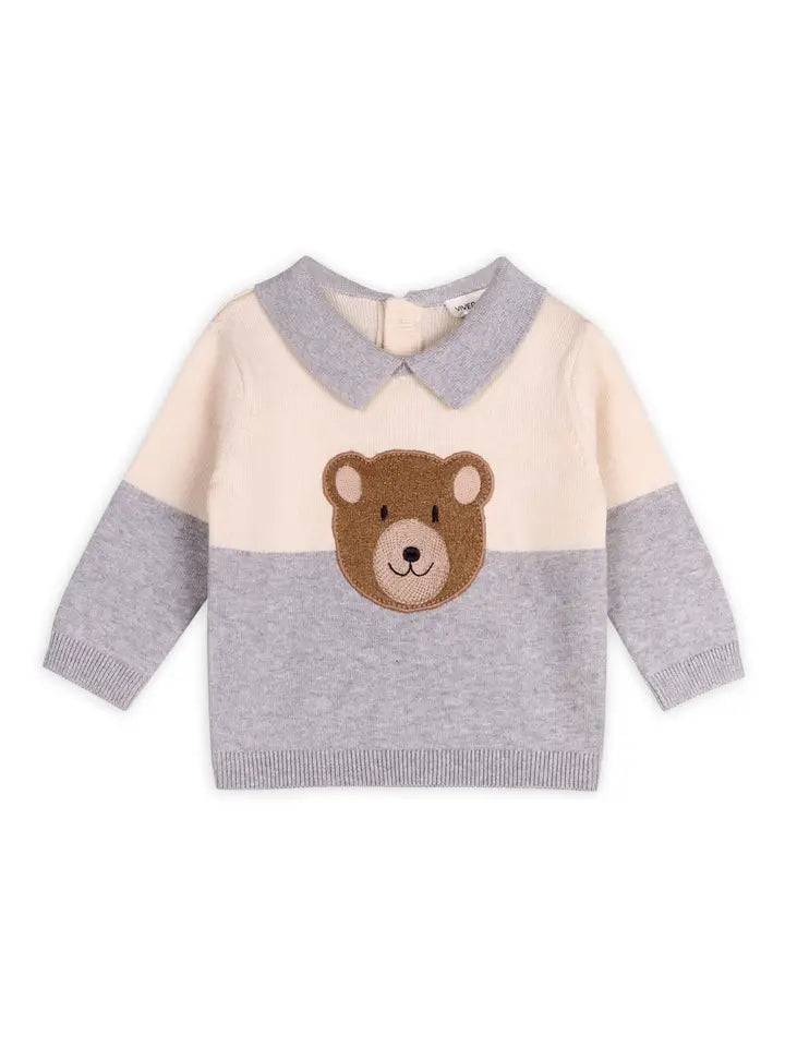 Cuddly Bear Applique Sweater Knit Collar Baby Pullover