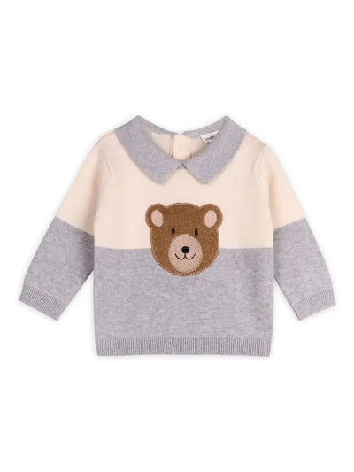 Cuddly Bear Applique Sweater Knit Collar Baby Pullover