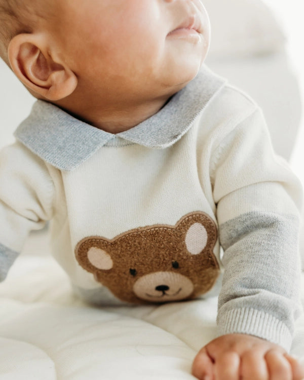 Cuddly Bear Applique Sweater Knit Collar Baby Pullover