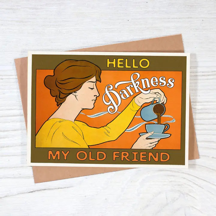 "HELLO DARKNESS" - VINTAGE COFFEE LOVER GREETING CARD