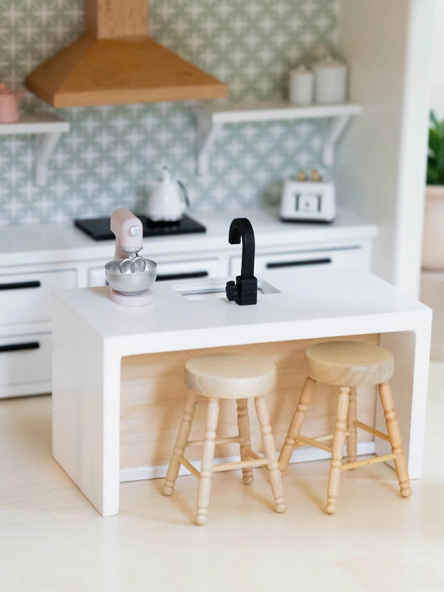 DOLLHOUSE MODERN KITCHEN ISLAND + SINK | NATURAL WOOD WHITE