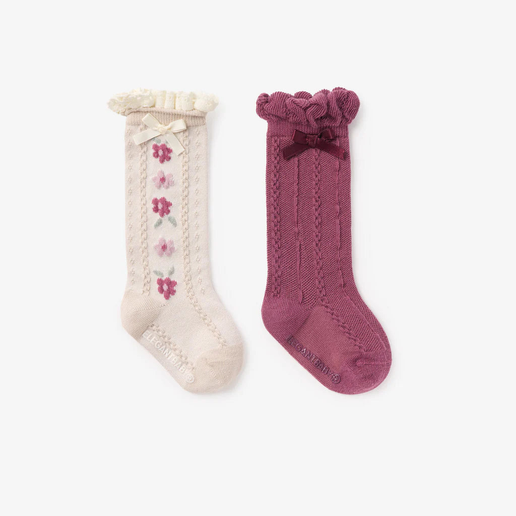 Dark Violet Floral Knee-High Non-Slip Baby Socks 2pk