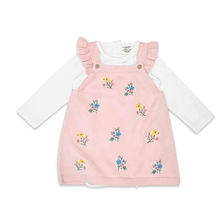 Ditsy Floral Embroidered Tunic Baby Knit Dress Set - Organic