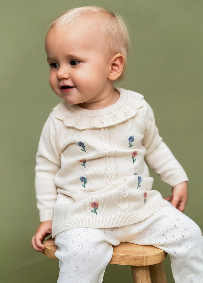 Emma Floral Embroidered Knit Baby Ruffle Dress - Organic