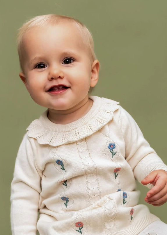 Emma Floral Embroidered Knit Baby Ruffle Dress - Organic
