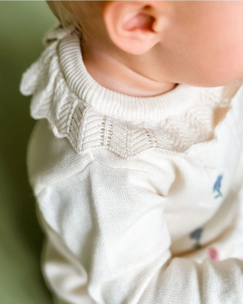 Emma Floral Embroidered Knit Baby Ruffle Dress - Organic