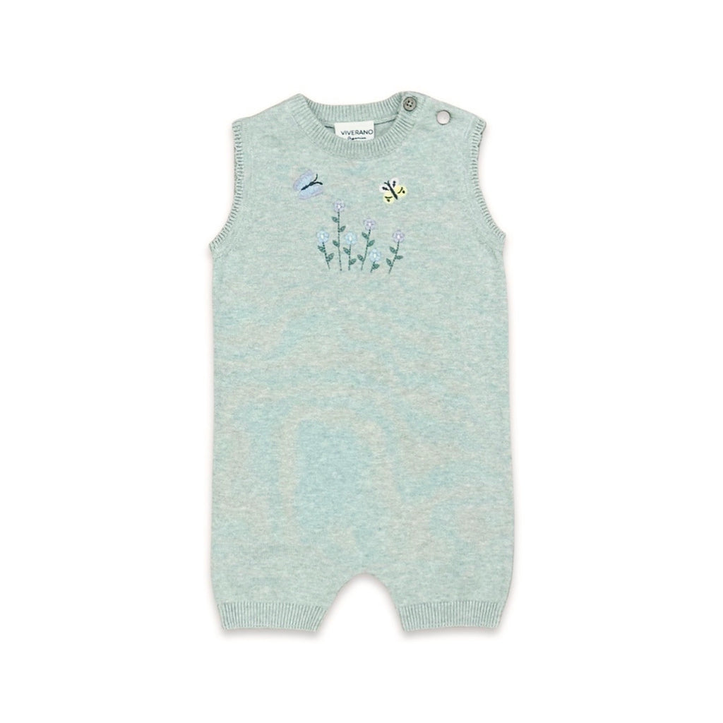 Floral Bee Embroidered Sleeveless Knit Baby Romper - Organic Cotton