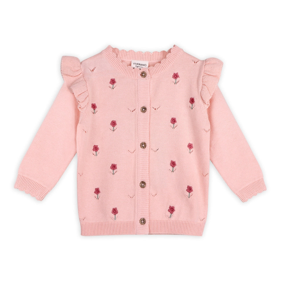 Floral Embroidered Pointelle Knit Baby Cardigan - Organic