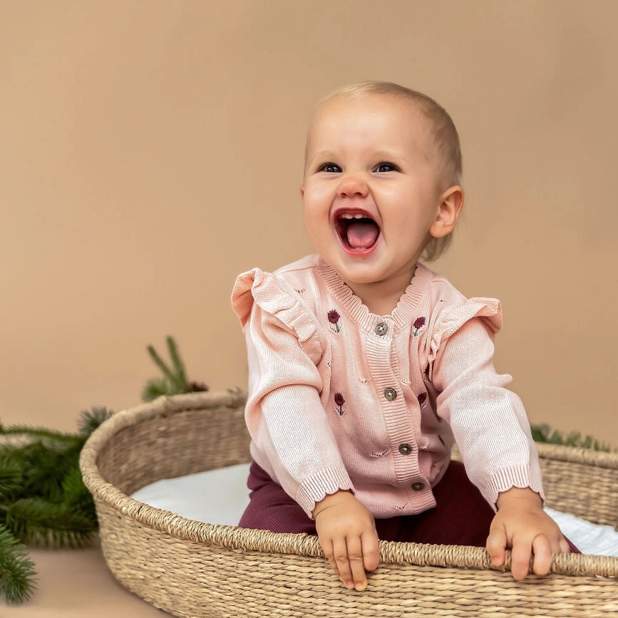 Floral Embroidered Pointelle Knit Baby Cardigan - Organic