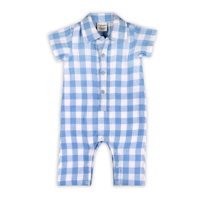 August Blue Gingham Cargo Romper - Organic Cotton