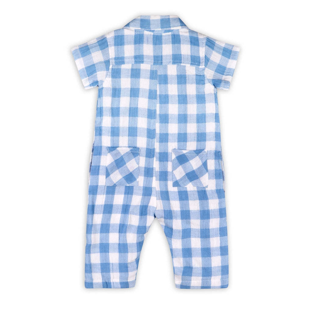 August Blue Gingham Cargo Romper - Organic Cotton