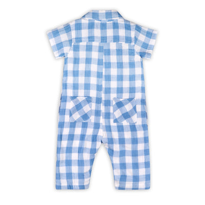 August Blue Gingham Cargo Romper - Organic Cotton