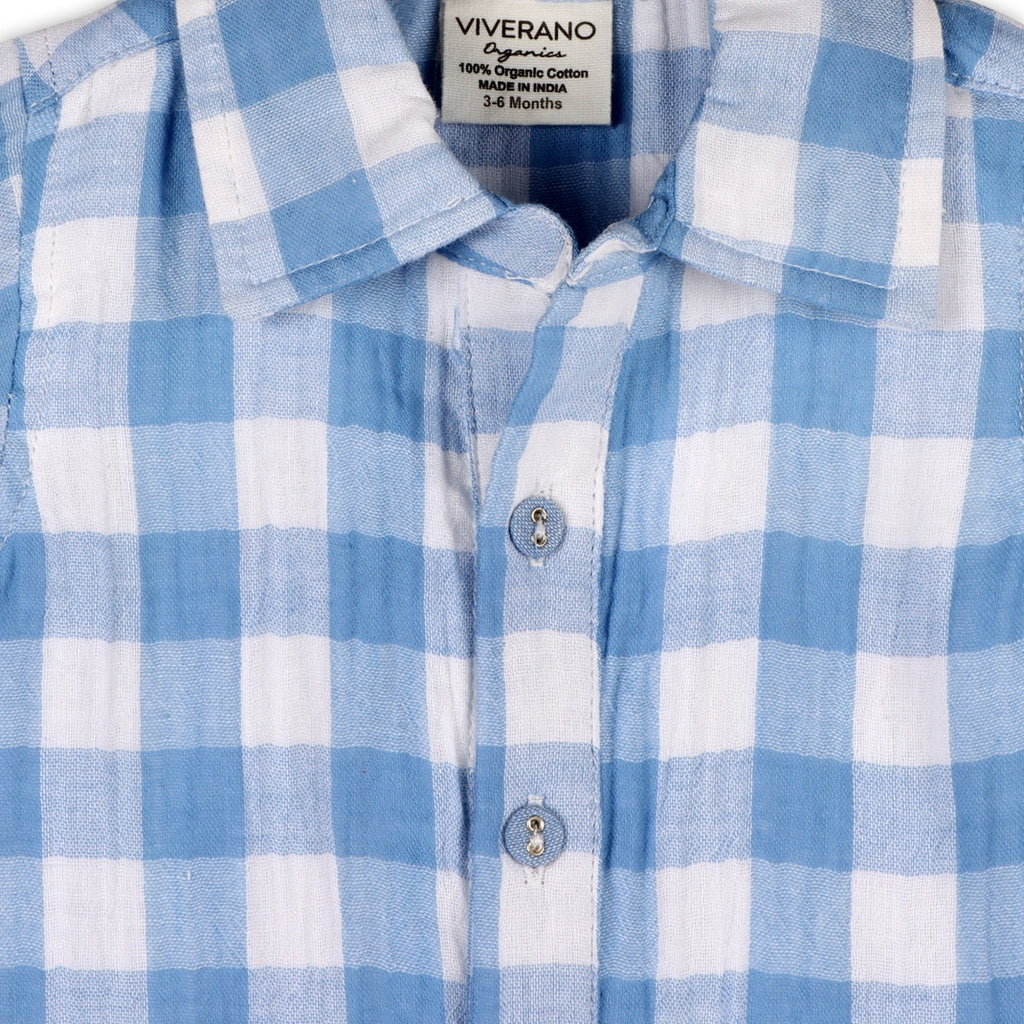 August Blue Gingham Cargo Romper - Organic Cotton