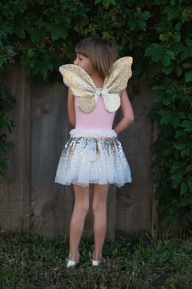 GRACIOUS GOLD SEQUINS SKIRT, WINGS, AND WAND, SIZE 4-6