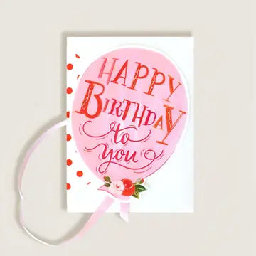 Happy Birthday Pink Balloon with Pink Ribbon Greeting Card
