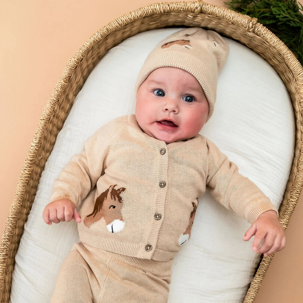 Horse Jacquard Sweater Knit Baby Cardigan - Organic Cotton