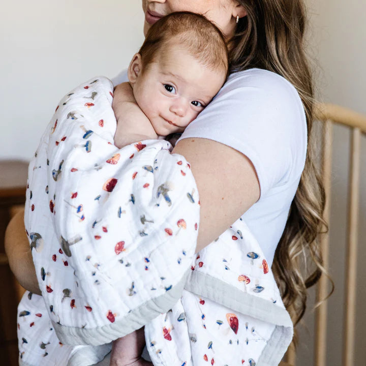 COTTON MUSLIN BABY QUILT - MUSHROOMS