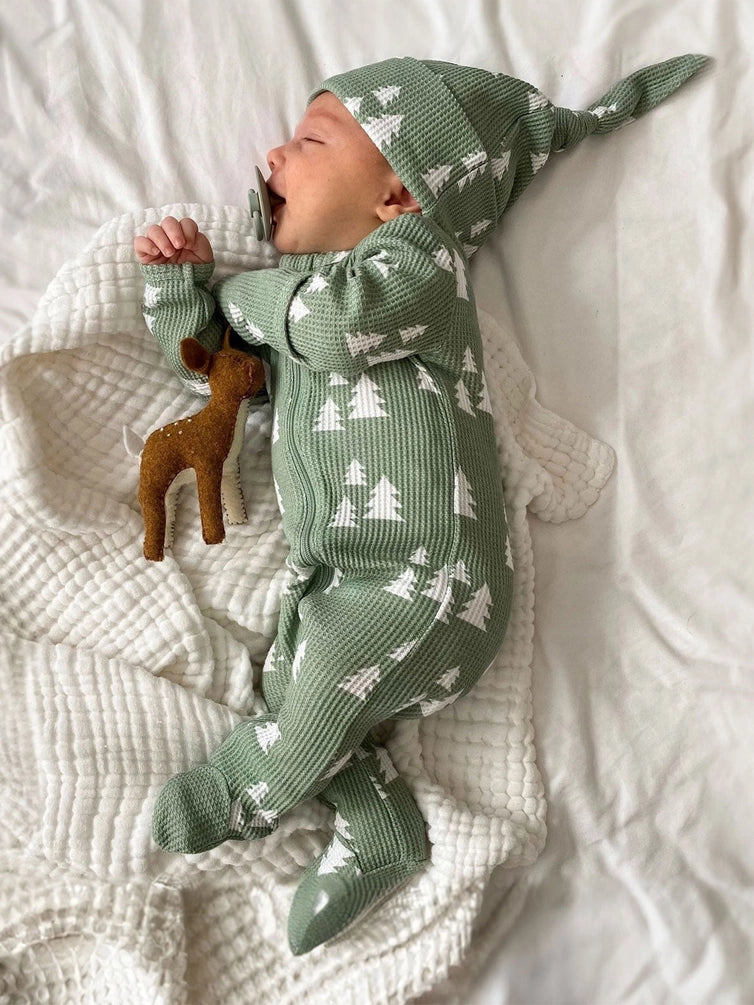 ORGANIC WAFFLE KNOT BEANIE, ALPINE TREES