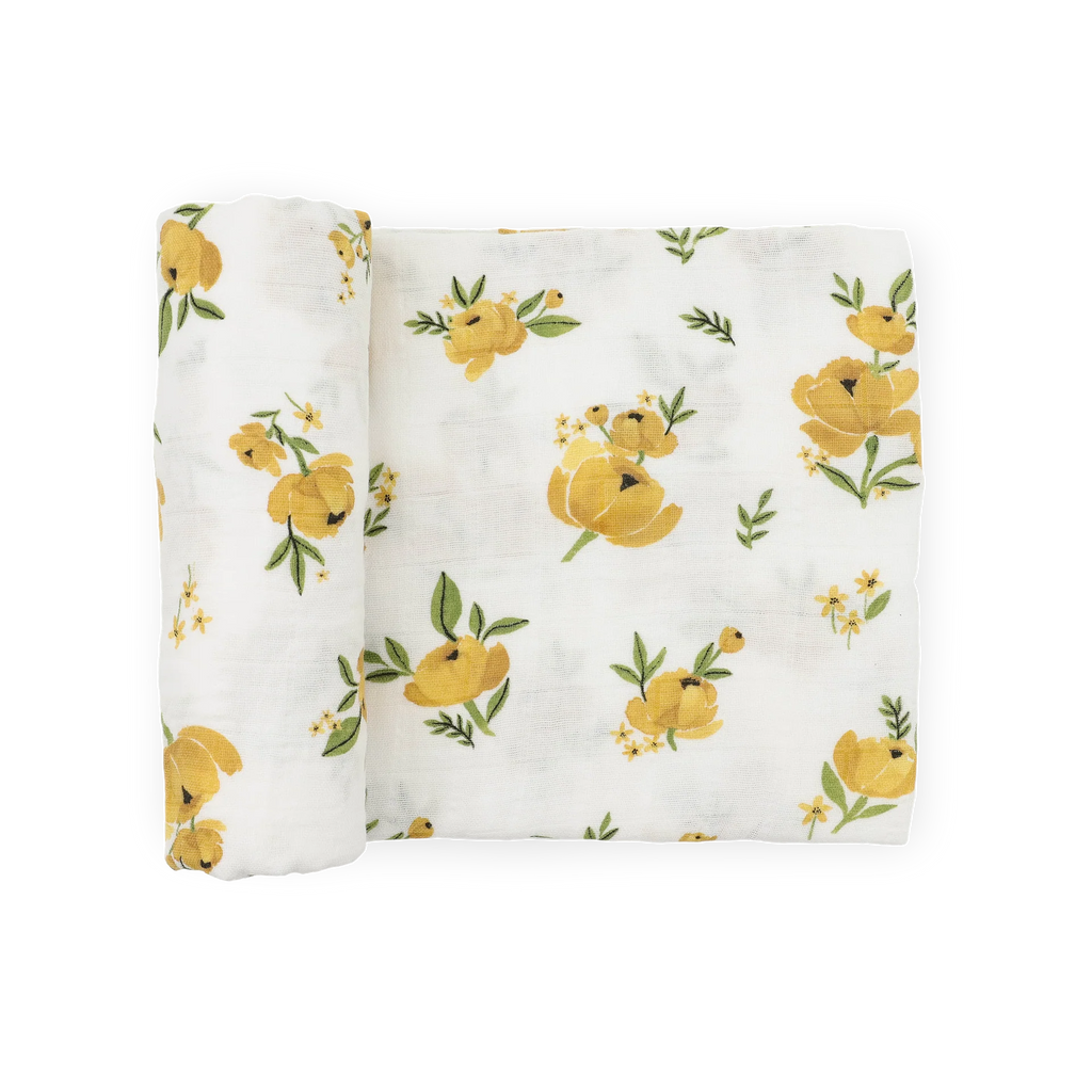 Organic Cotton Muslin Swaddle Blanket - Yellow Roses