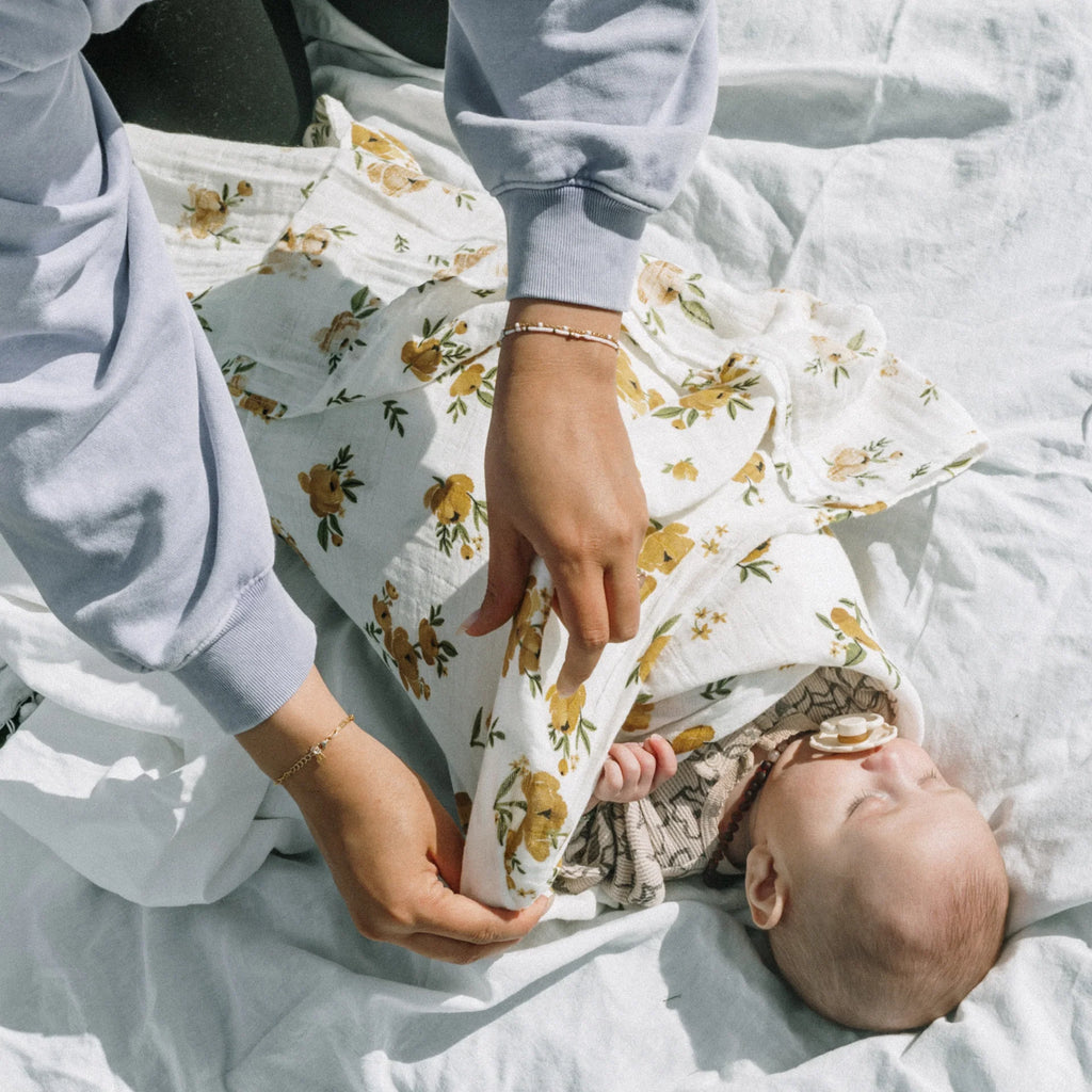 Organic Cotton Muslin Swaddle Blanket - Yellow Roses