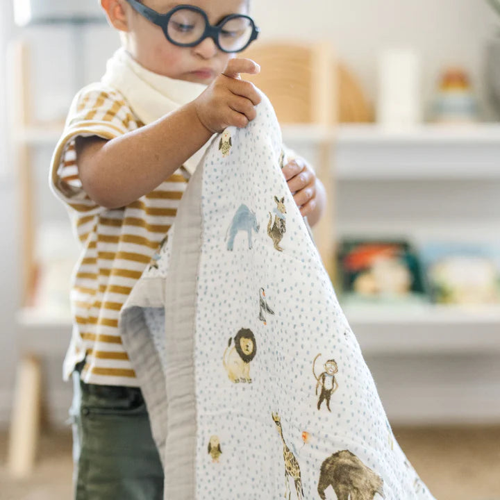 COTTON MUSLIN BABY QUILT - PARTY ANIMALS