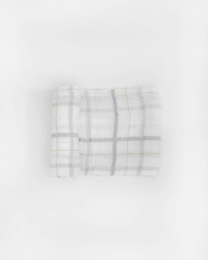 COTTON MUSLIN SWADDLE BLANKET - GREY PLAID