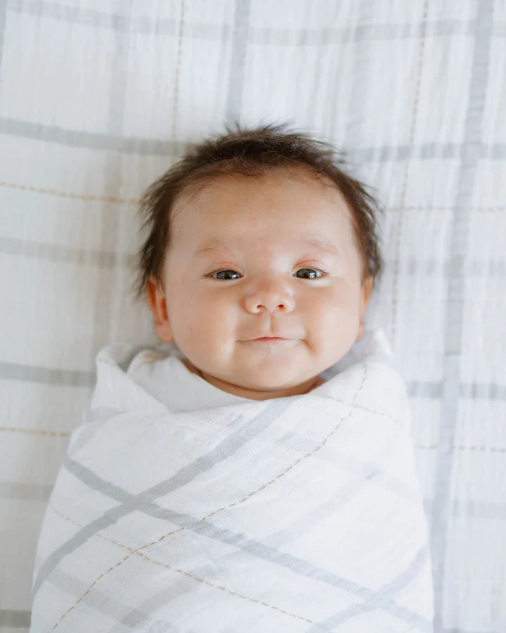 COTTON MUSLIN SWADDLE BLANKET - GREY PLAID