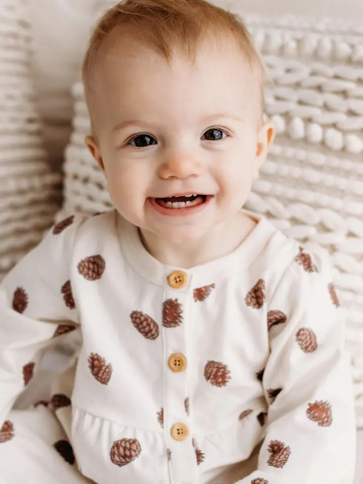 PNW Baby Gathered Button Romper - Pinecones