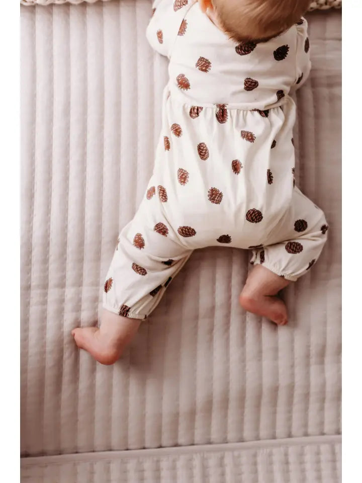 PNW Baby Gathered Button Romper - Pinecones