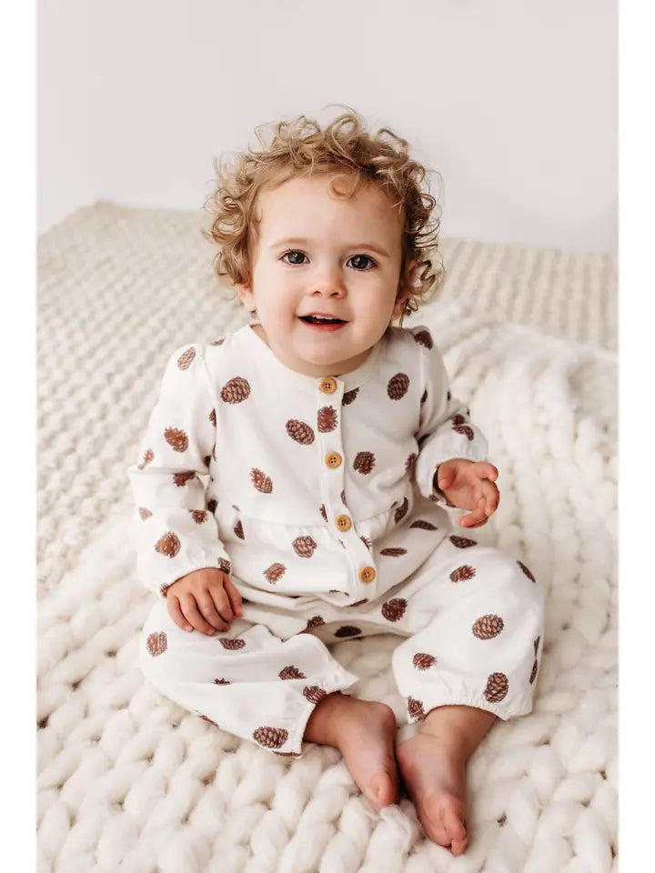 PNW Baby Gathered Button Romper - Pinecones