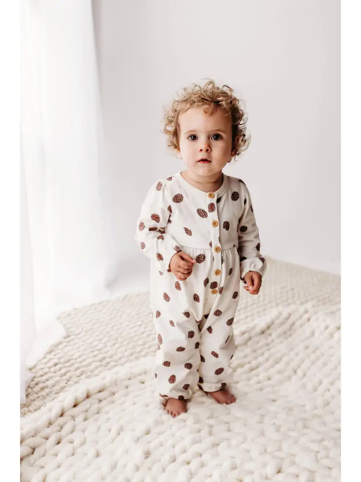 PNW Baby Gathered Button Romper - Pinecones