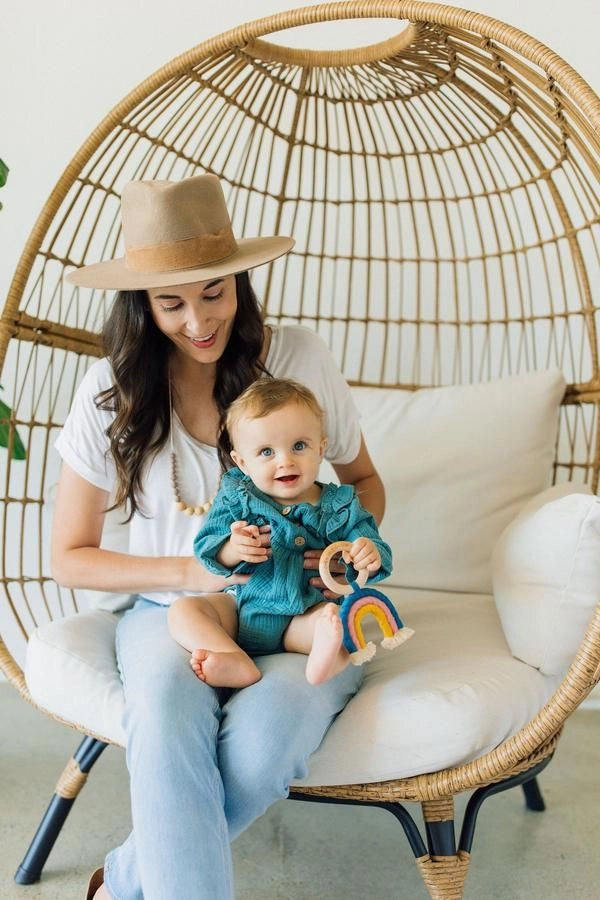 RAINBOW MACRAME TEETHER - TEAL+ ROSE