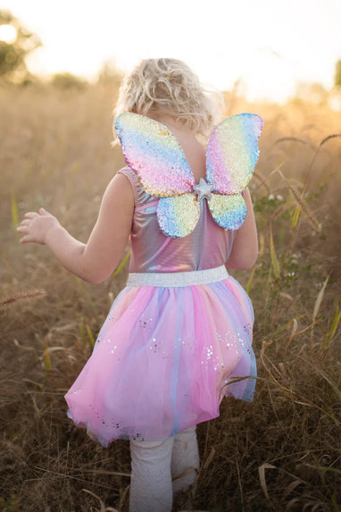 RAINBOW SEQUINS SKIRT W/WINGS AND WAND, SIZE 4-6