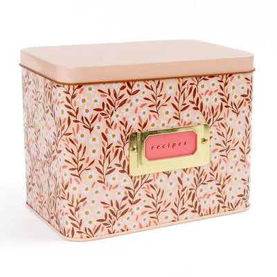 PINK TINY FLORAL METAL RECIPE BOX