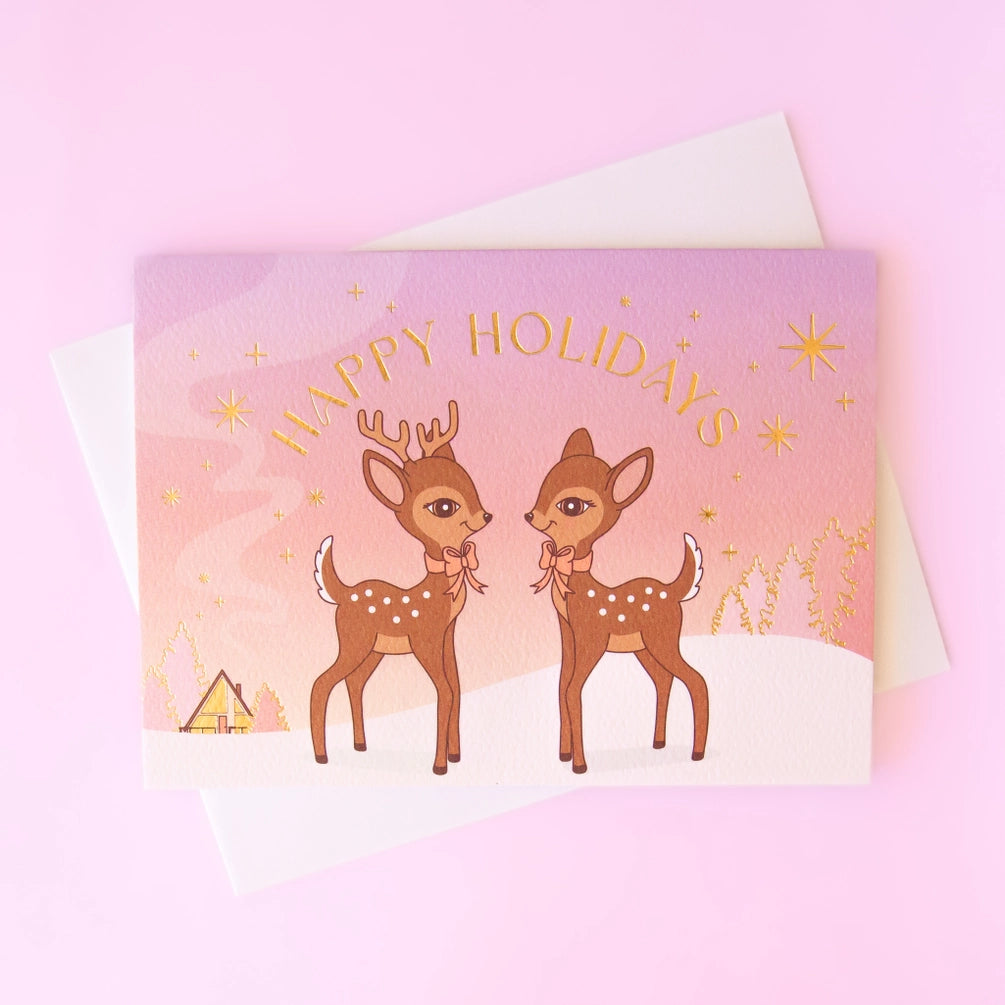 Happy Holidays Retro Deer Card | Gold Foil