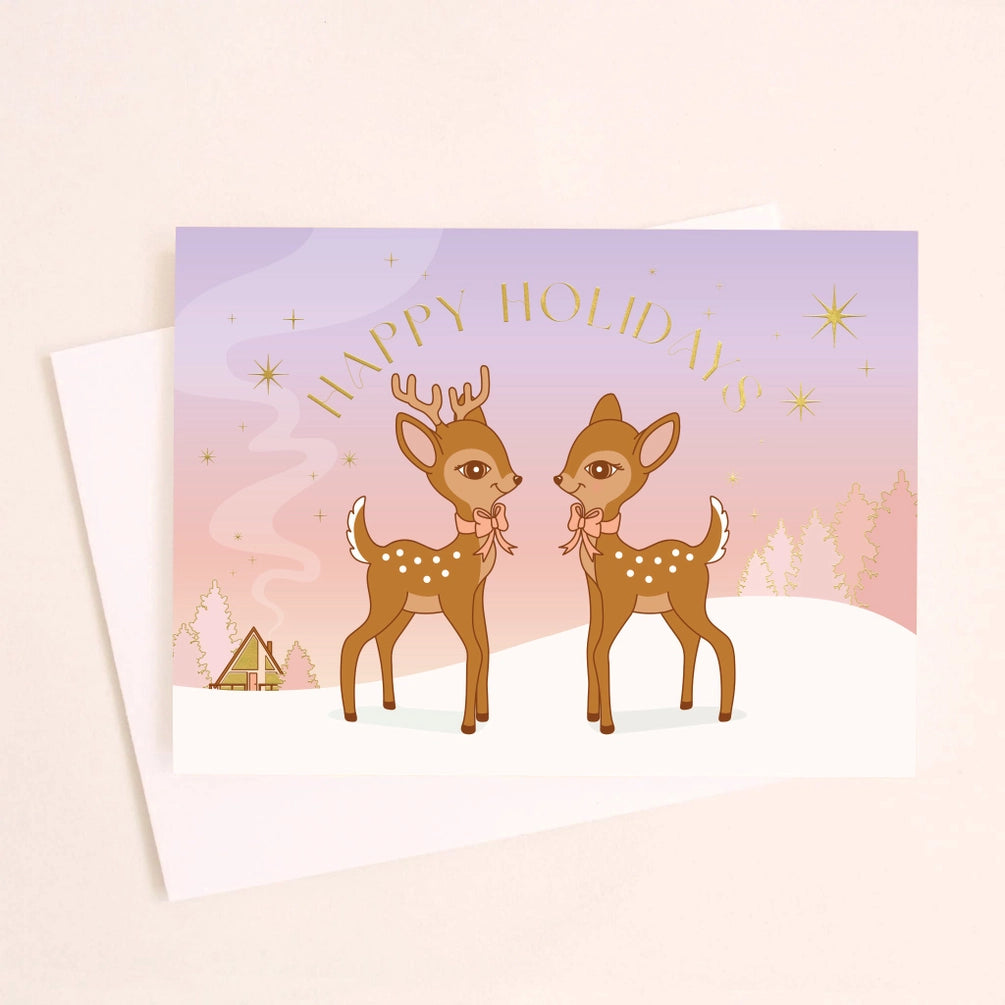 Happy Holidays Retro Deer Card | Gold Foil