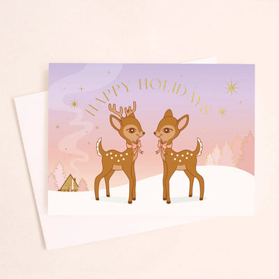 Happy Holidays Retro Deer Card | Gold Foil