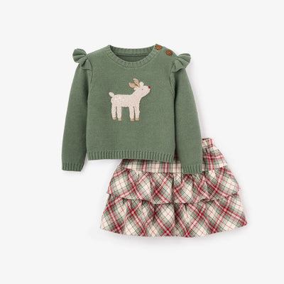 Reindeer Sweater + Winter Tartan Skirt Set