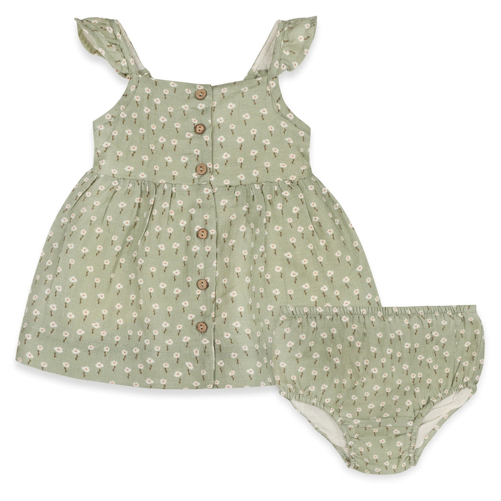 Sage Floral Baby Dress with Bloomer - Organic Muslin